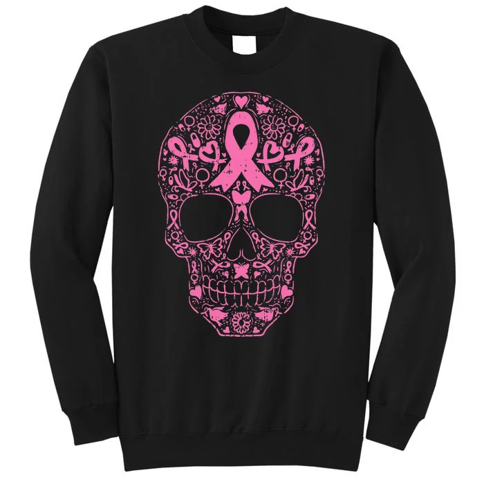 Breast Cancer Sugar Skull Pink Ribbon Calavera Tall Sweatshirt