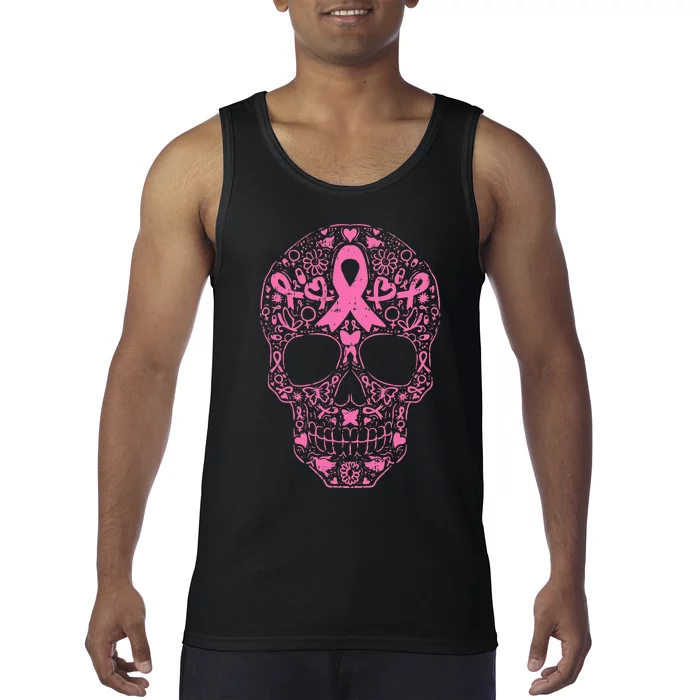 Breast Cancer Sugar Skull Pink Ribbon Calavera Tank Top