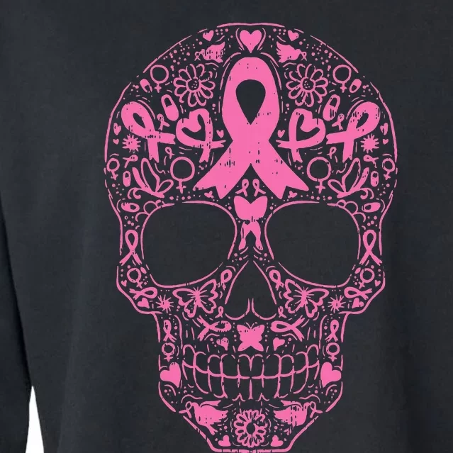 Breast Cancer Sugar Skull Pink Ribbon Calavera Cropped Pullover Crew