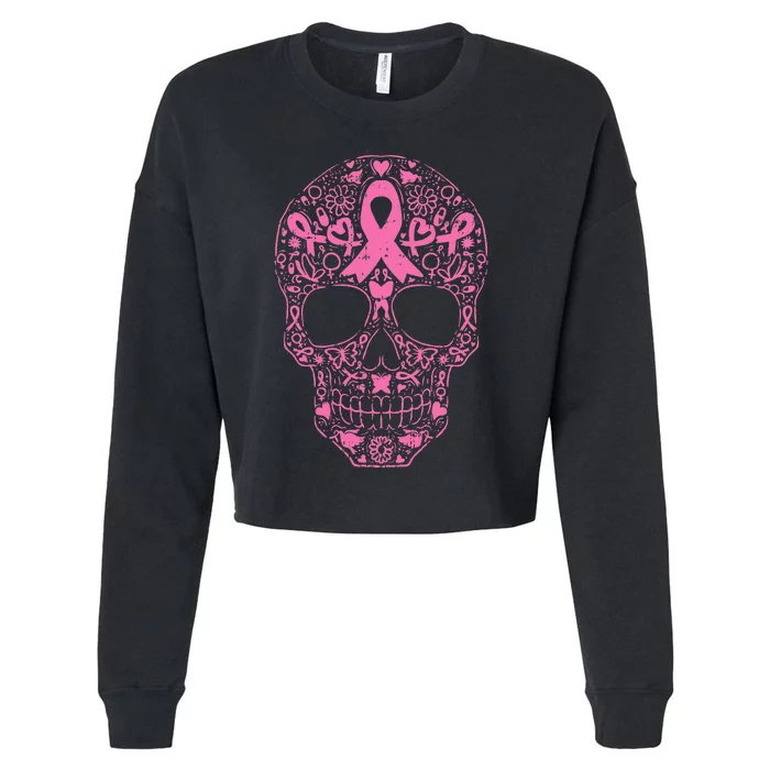 Breast Cancer Sugar Skull Pink Ribbon Calavera Cropped Pullover Crew