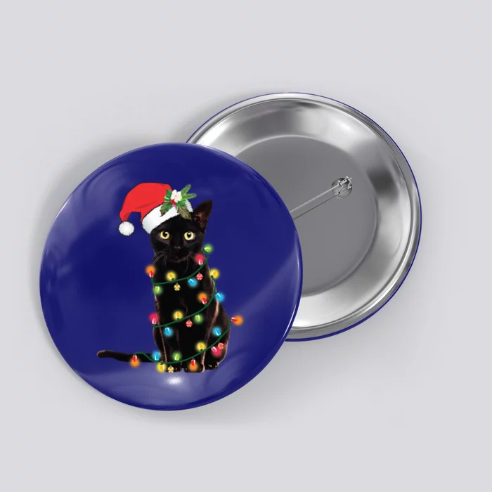 Black Cat Santa Tangled Up In Christmas Lights Cute Gift Button