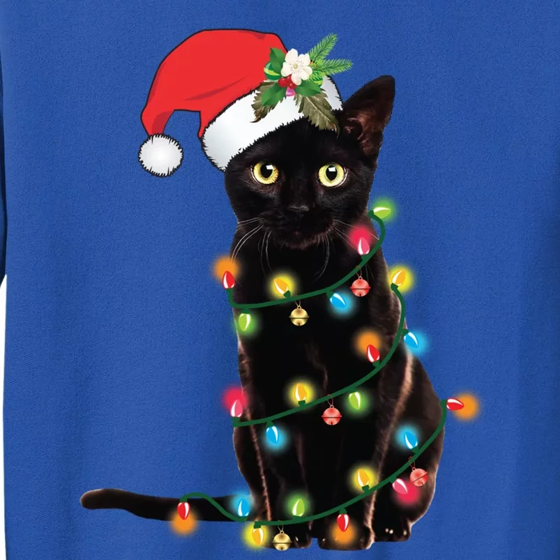 Black Cat Santa Tangled Up In Christmas Lights Cute Gift Tall Sweatshirt