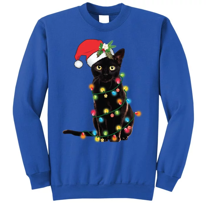 Black Cat Santa Tangled Up In Christmas Lights Cute Gift Tall Sweatshirt