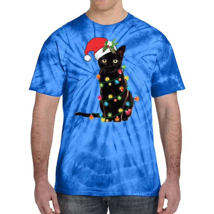 Black Cat Santa Tangled Up In Christmas Lights Cute Gift Tie-Dye T-Shirt