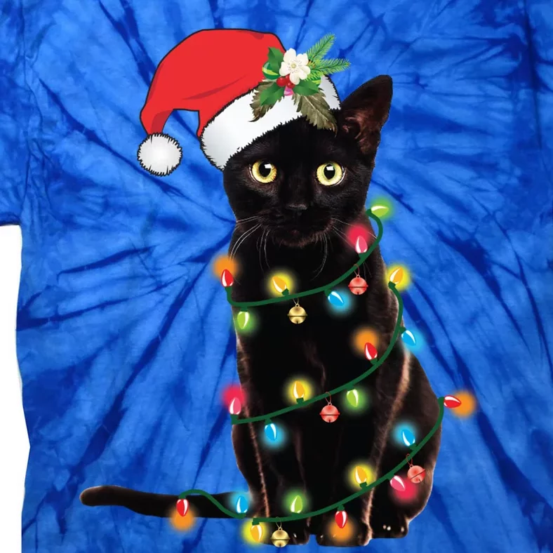 Black Cat Santa Tangled Up In Christmas Lights Cute Gift Tie-Dye T-Shirt