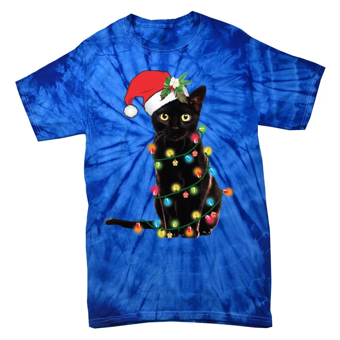 Black Cat Santa Tangled Up In Christmas Lights Cute Gift Tie-Dye T-Shirt