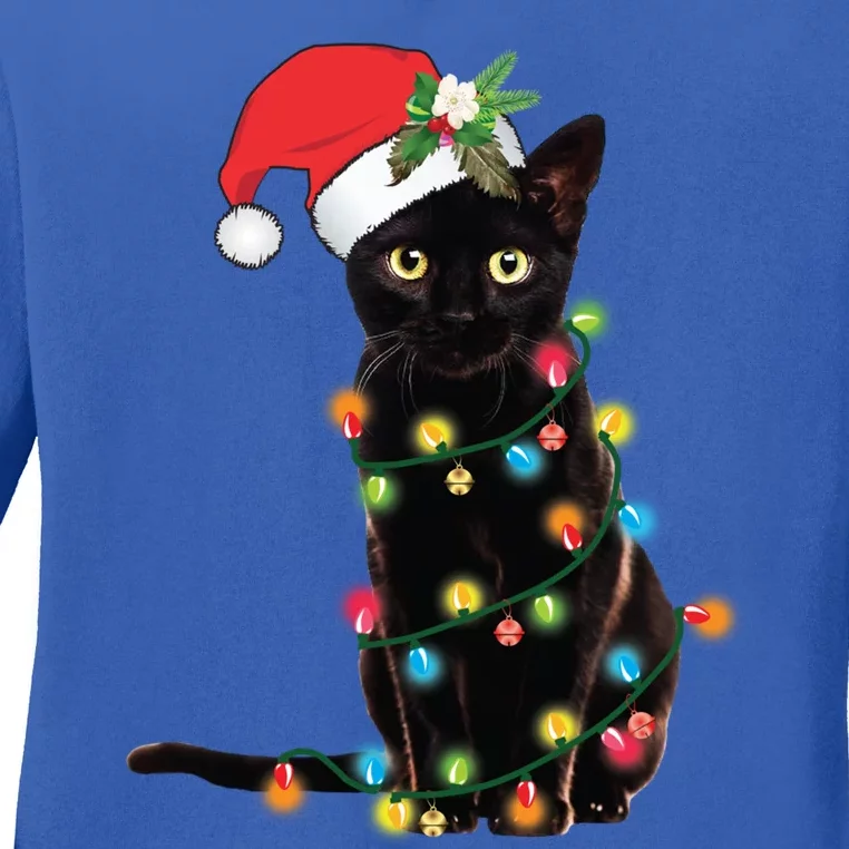 Black Cat Santa Tangled Up In Christmas Lights Cute Gift Ladies Long Sleeve Shirt