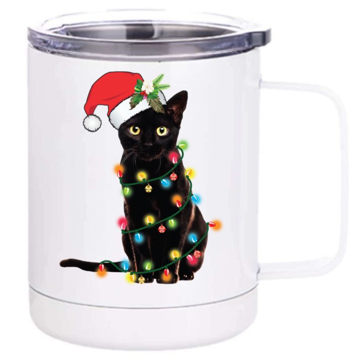 Black Cat Santa Tangled Up In Christmas Lights Cute Gift Front & Back 12oz Stainless Steel Tumbler Cup