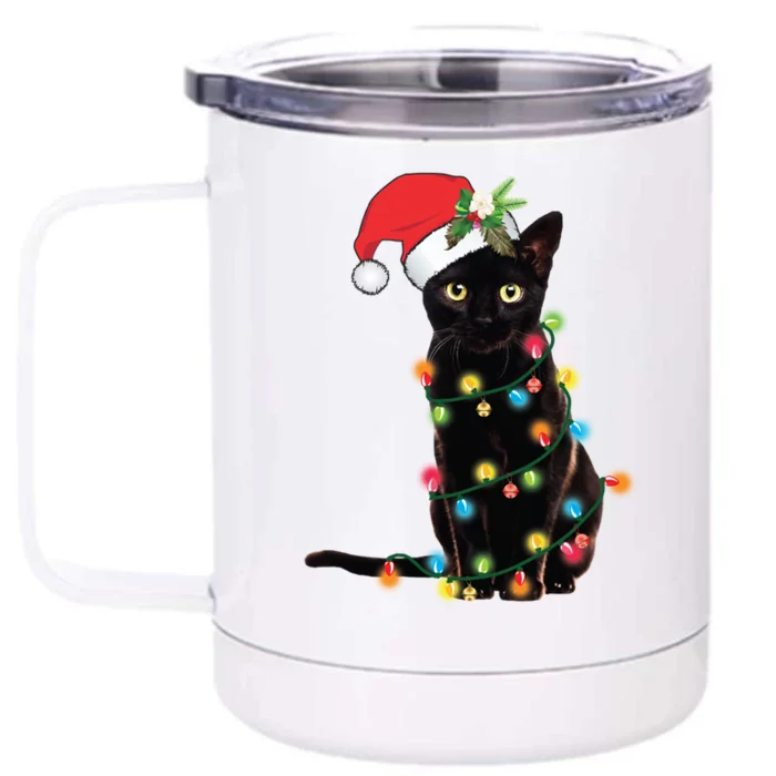 Black Cat Santa Tangled Up In Christmas Lights Cute Gift Front & Back 12oz Stainless Steel Tumbler Cup