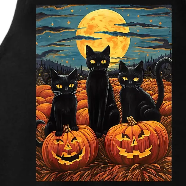 Black Cat Starry Night Van Gogh Funny Halloween Ladies Tri-Blend Wicking Tank