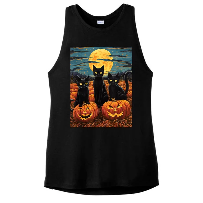 Black Cat Starry Night Van Gogh Funny Halloween Ladies Tri-Blend Wicking Tank