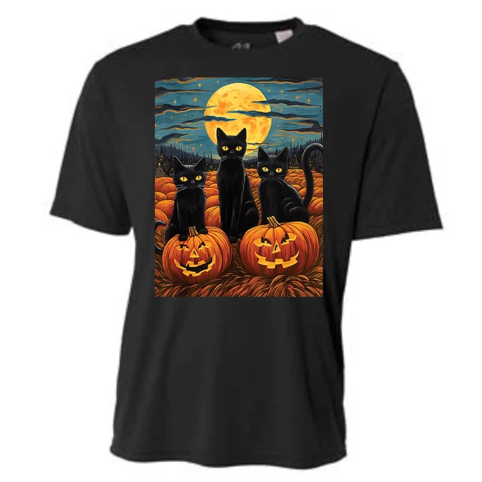 Black Cat Starry Night Van Gogh Funny Halloween Cooling Performance Crew T-Shirt