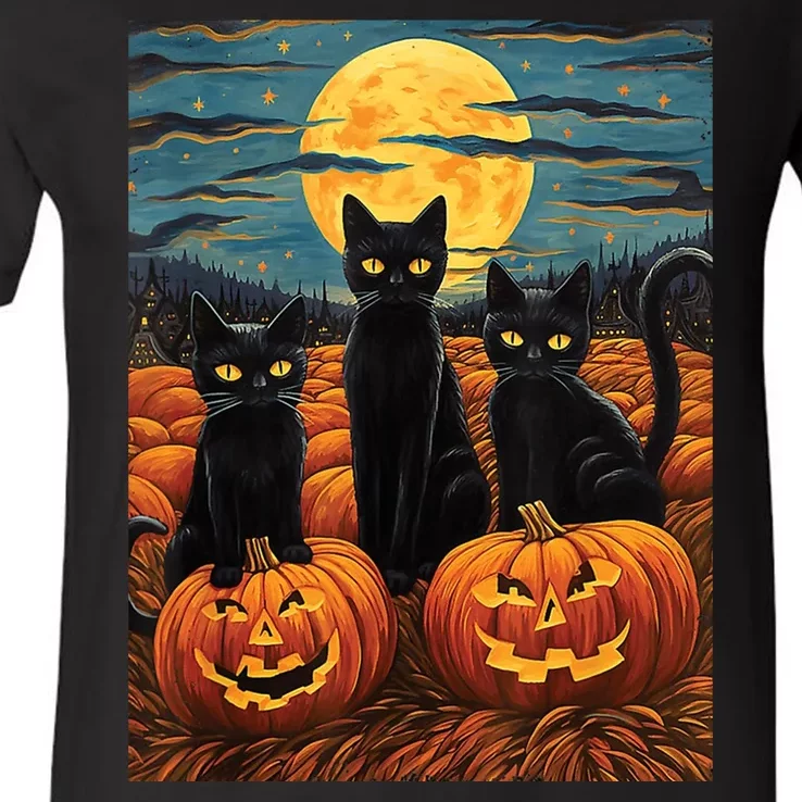 Black Cat Starry Night Van Gogh Funny Halloween V-Neck T-Shirt