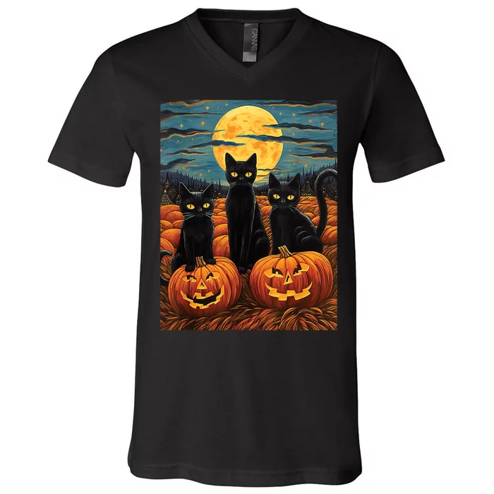 Black Cat Starry Night Van Gogh Funny Halloween V-Neck T-Shirt