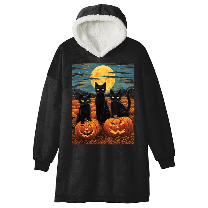 Black Cat Starry Night Van Gogh Funny Halloween Hooded Wearable Blanket