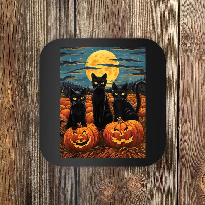 Black Cat Starry Night Van Gogh Funny Halloween Coaster