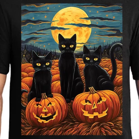 Black Cat Starry Night Van Gogh Funny Halloween Pajama Set