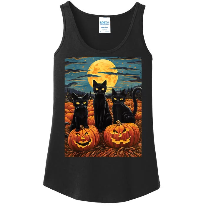 Black Cat Starry Night Van Gogh Funny Halloween Ladies Essential Tank