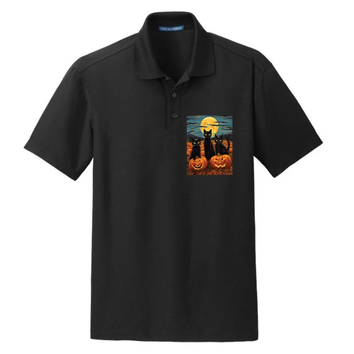 Black Cat Starry Night Van Gogh Funny Halloween Dry Zone Grid Performance Polo