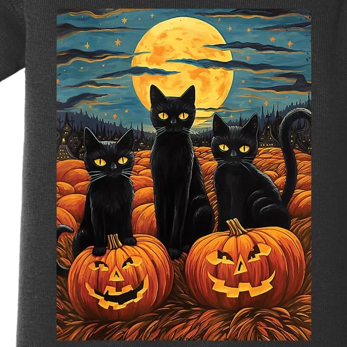 Black Cat Starry Night Van Gogh Funny Halloween Baby Bodysuit