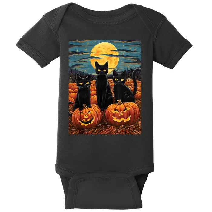 Black Cat Starry Night Van Gogh Funny Halloween Baby Bodysuit