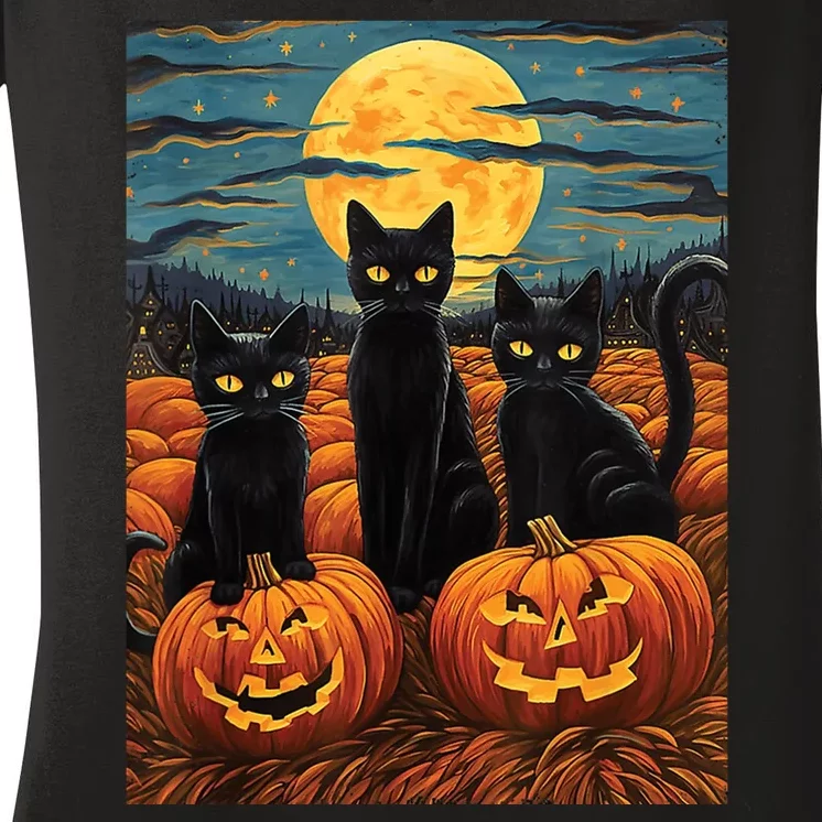 Black Cat Starry Night Van Gogh Funny Halloween Women's V-Neck T-Shirt