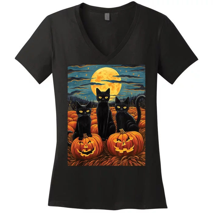 Black Cat Starry Night Van Gogh Funny Halloween Women's V-Neck T-Shirt