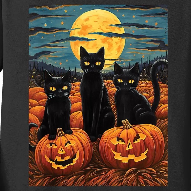 Black Cat Starry Night Van Gogh Funny Halloween Kids Long Sleeve Shirt