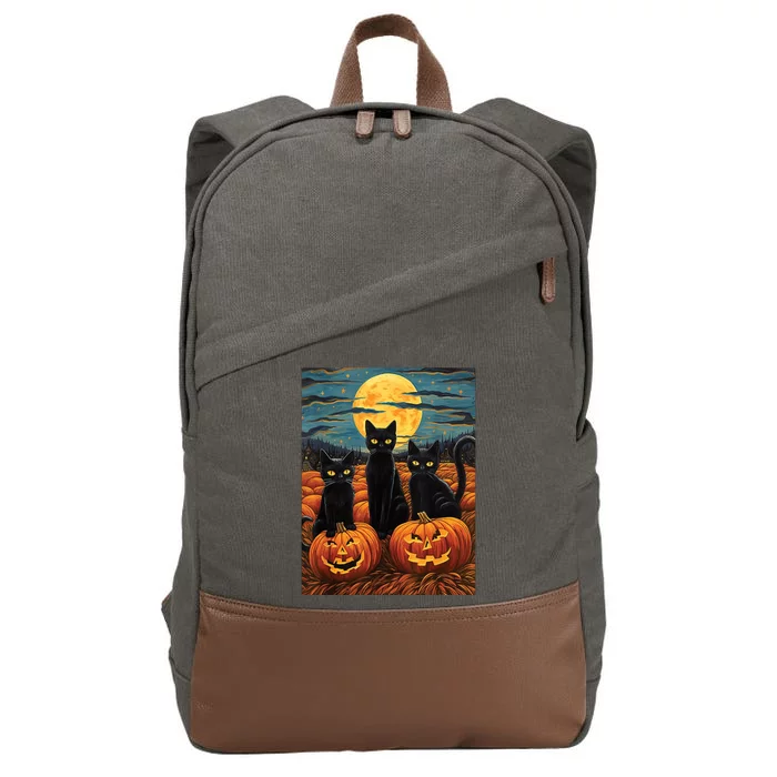 Black Cat Starry Night Van Gogh Funny Halloween Cotton Canvas Backpack