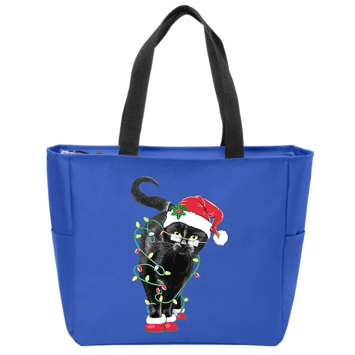 Black Cat Santa Tangled Up In Christmas Lights Great Gift Zip Tote Bag