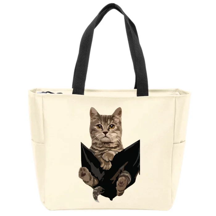 Brown Cat Sits In Pocket Cats Gift Zip Tote Bag