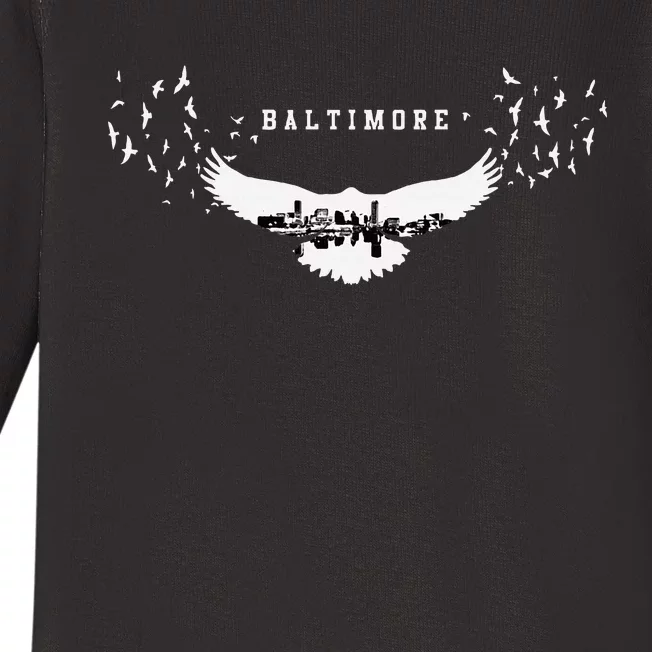 Baltimore City Skyline Inside Raven Silhouette Baby Long Sleeve Bodysuit