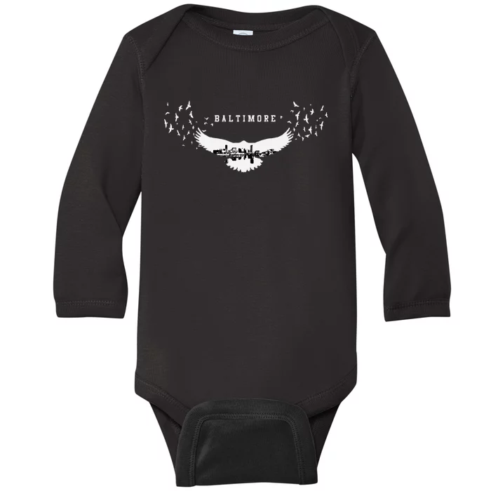 Baltimore City Skyline Inside Raven Silhouette Baby Long Sleeve Bodysuit