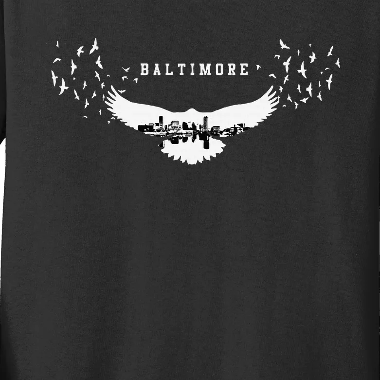 Baltimore City Skyline Inside Raven Silhouette Kids Long Sleeve Shirt