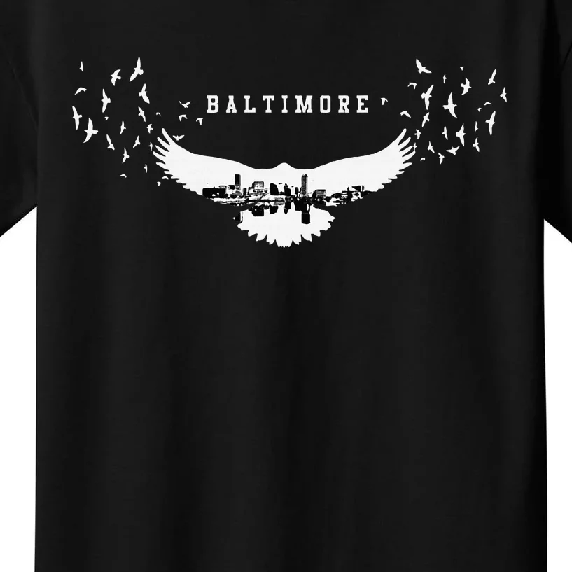 Baltimore City Skyline Inside Raven Silhouette Kids T-Shirt