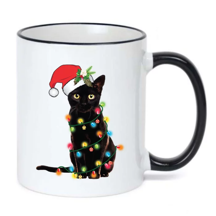 Black Cat Santa Tangled Up In Christmas Lights Gift Black Color Changing Mug