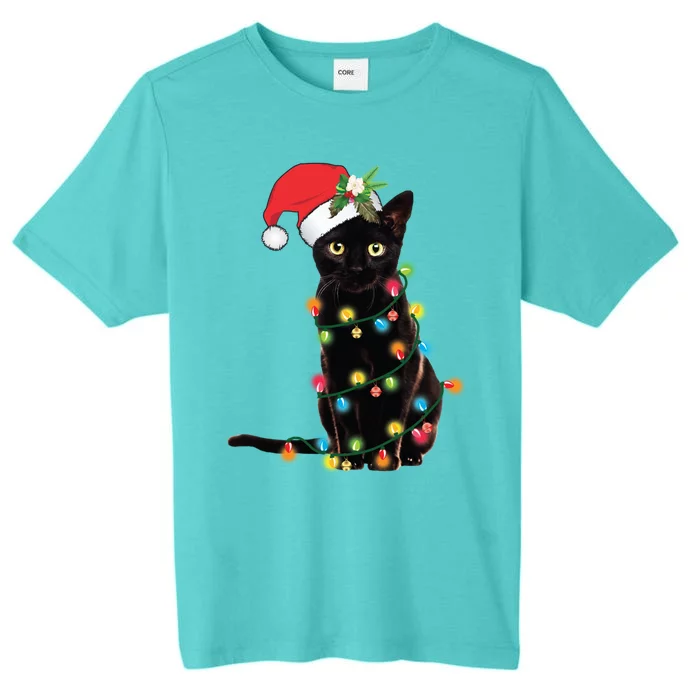 Black Cat Santa Tangled Up In Christmas Lights Gift ChromaSoft Performance T-Shirt