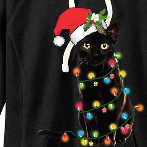 Black Cat Santa Tangled Up In Christmas Lights Women's Fleece Hoodie