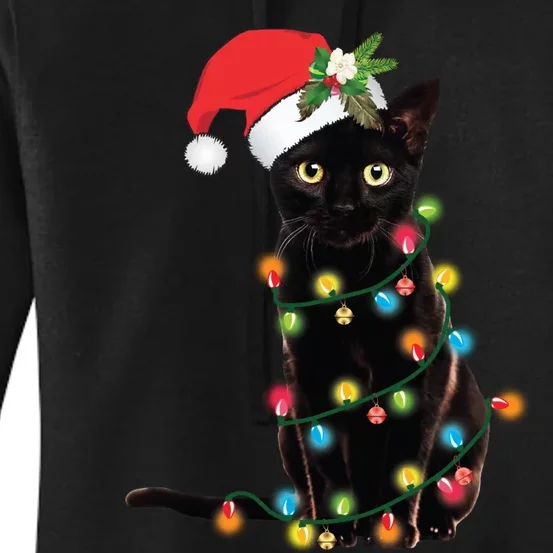 Black Cat Santa Tangled Up In Christmas Lights Women's Pullover Hoodie