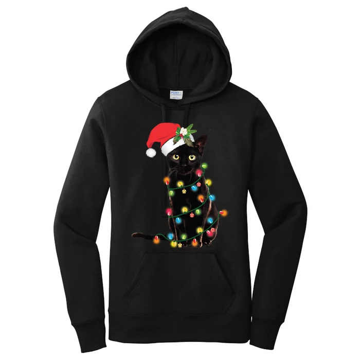 Black Cat Santa Tangled Up In Christmas Lights Women's Pullover Hoodie