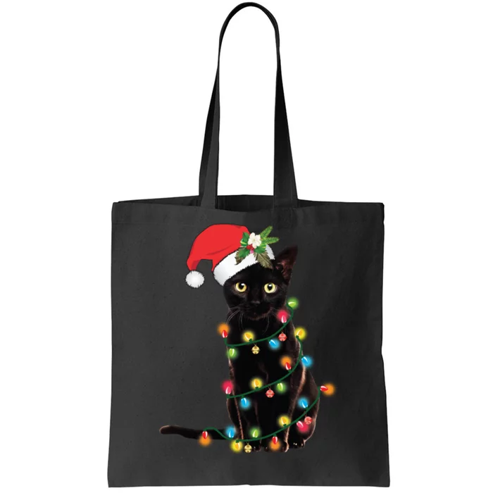 Black Cat Santa Tangled Up In Christmas Lights Tote Bag