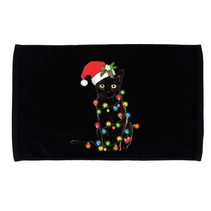 Black Cat Santa Tangled Up In Christmas Lights Microfiber Hand Towel