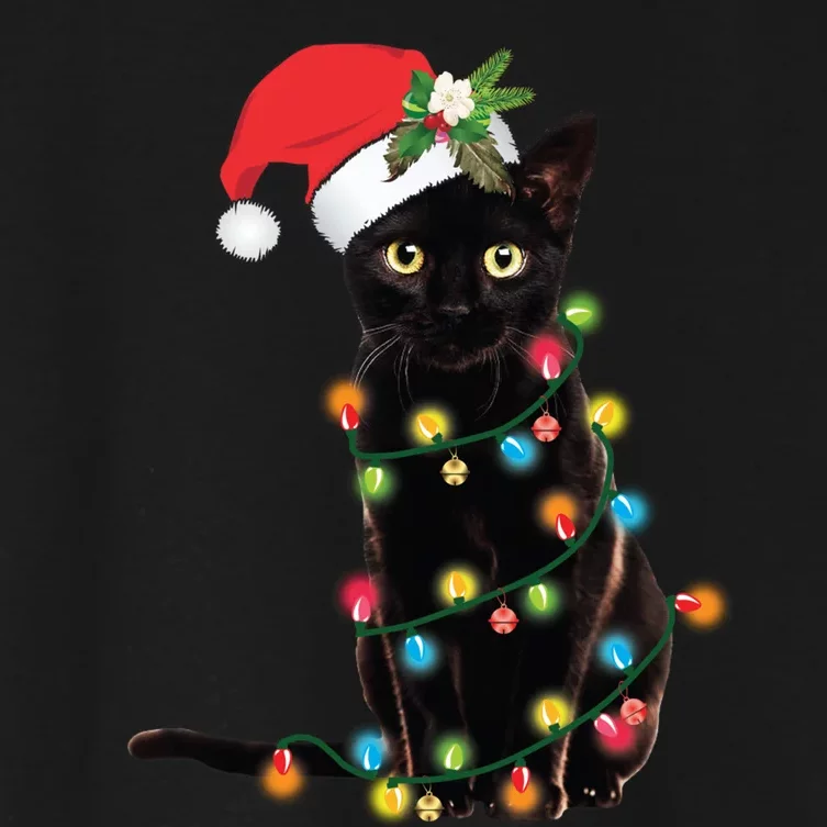 Black Cat Santa Tangled Up In Christmas Lights Women's Crop Top Tee