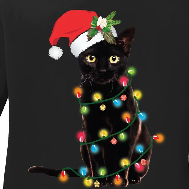 Black Cat Santa Tangled Up In Christmas Lights Ladies Long Sleeve Shirt