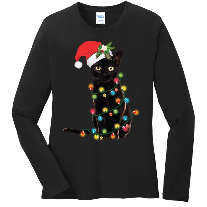 Black Cat Santa Tangled Up In Christmas Lights Ladies Long Sleeve Shirt