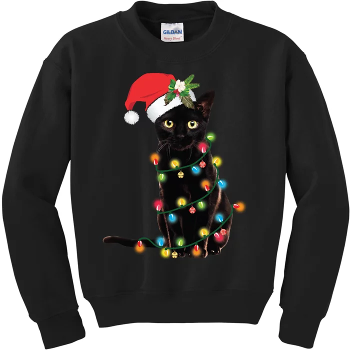 Black Cat Santa Tangled Up In Christmas Lights Kids Sweatshirt