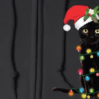 Black Cat Santa Tangled Up In Christmas Lights Full Zip Hoodie