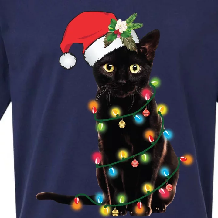 Black Cat Santa Tangled Up In Christmas Lights Sueded Cloud Jersey T-Shirt