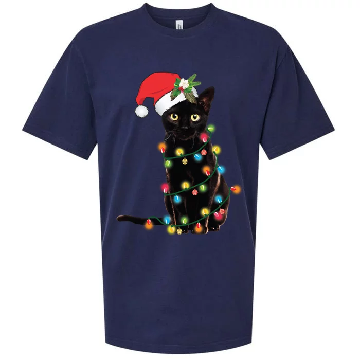 Black Cat Santa Tangled Up In Christmas Lights Sueded Cloud Jersey T-Shirt