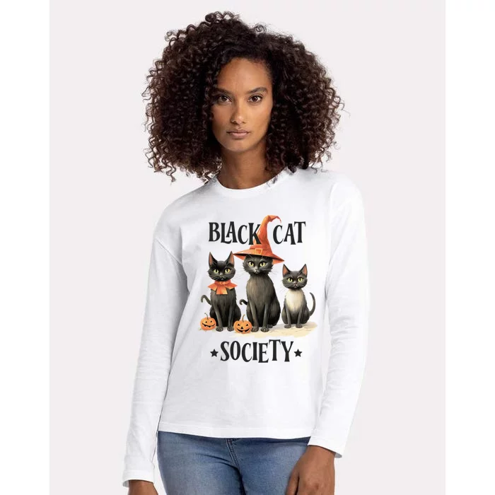 Black Cat Society Witchy Cat Lovers Vintage Halloween Funny Gift Womens Cotton Relaxed Long Sleeve T-Shirt